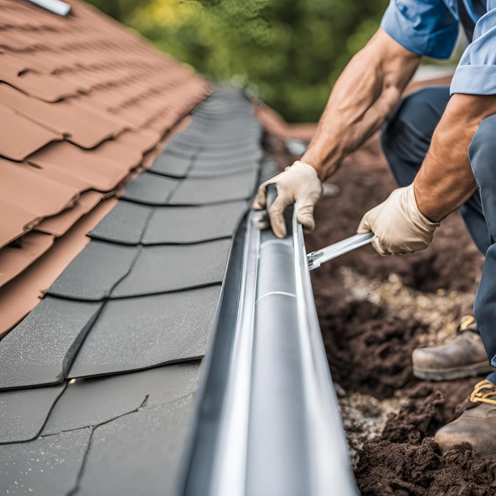 Gutter installation in Garland, TX with contractor installing seamless aluminum gutters
