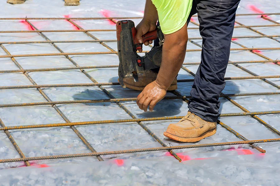 Commercial foundation contractor installing rebar grid for concrete slab in Garland, TX