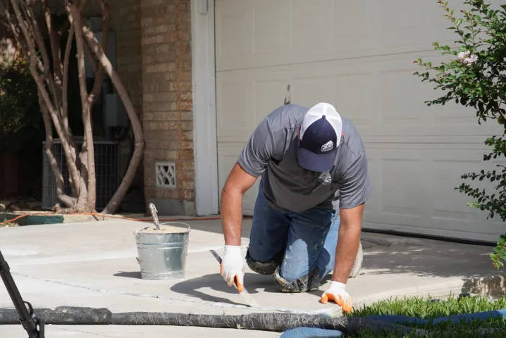 Contractor repairing cracked residential driveway concrete in Garland, TX