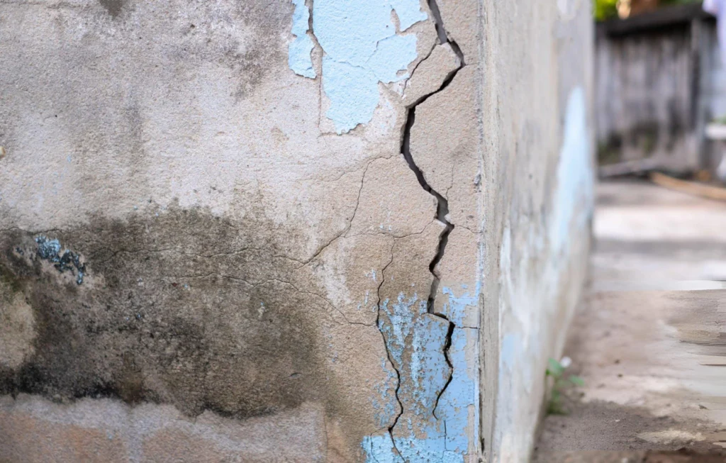Cracked Wall / Structural Repair in Garland, TX showing vertical crack on exterior concrete wall