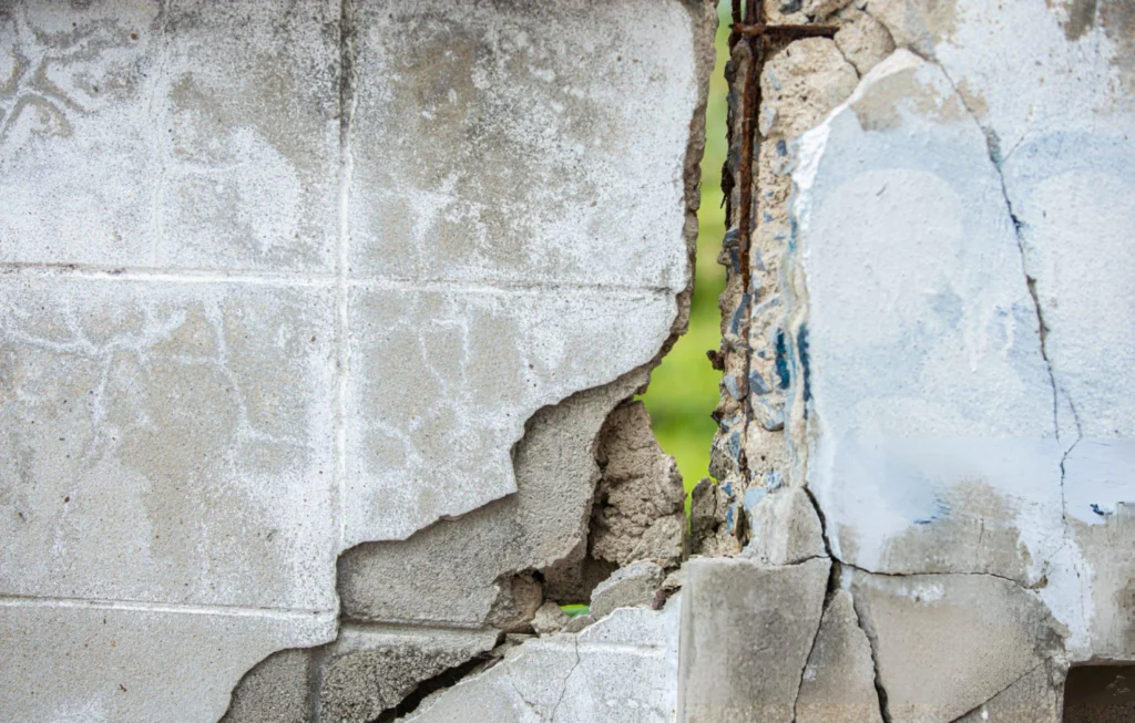 Severely damaged structural wall with exposed rebar needing structural repair in Garland, TX