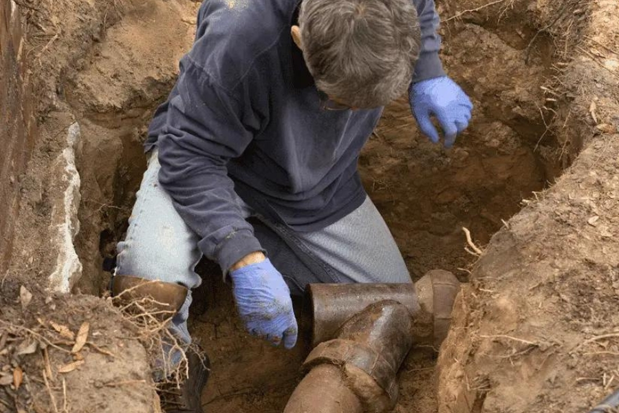 Plumber excavating damaged underground drainage pipe for repair in Garland, TX