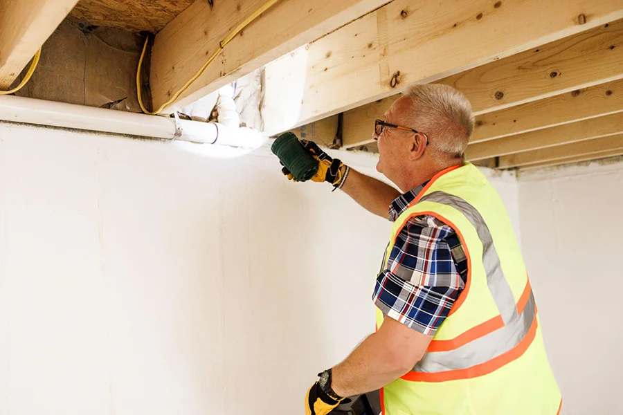 Foundation inspector examining floor joists for house leveling assessment in Garland, TX