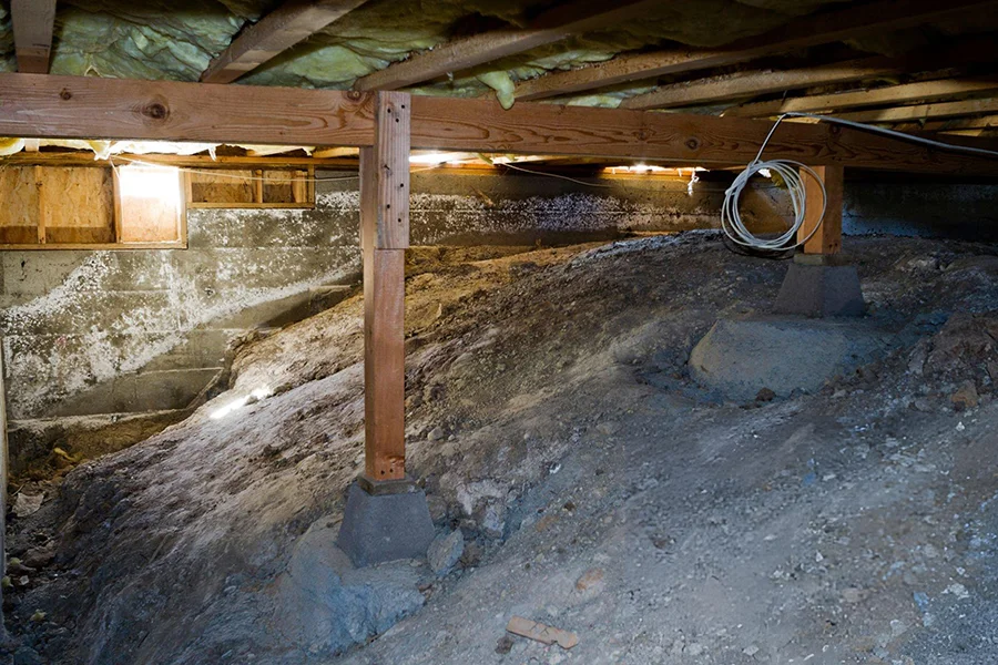 Pier and beam foundation repair in Garland, TX with reinforced concrete piers and wood beam supports